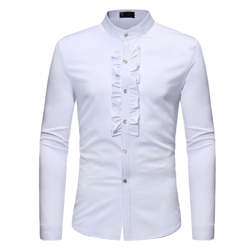 OEM Plain 100% cotton high quality mao collar Shirts ruffled planket Slim Fit long sleeve men dress shirts with stand collar