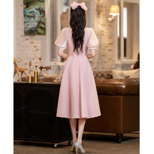 Pink A-Line Chiffon Bridesmaid Dress With Bow Sweetheart Neckline Mid-Length For Petite Women Summer Elegant Engagement Wear - Product Image 4