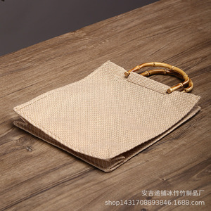 Bolso Tote de Mujer con Asa de Bambú, de Algodón y Lino, Color Sólido, Horizontal, Embalaje General, Hecho en Anji - Product Image 4
