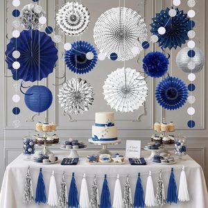 Décorations de fête bleues et argentées, ensemble de lanternes en papier suspendues, éventails, pompons, guirlandes bleues, décorations d'<span class=keywords><strong>anniversaire</strong></span> pour hommes et garçons - Product Image 5