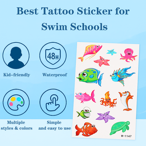 Autocollants de tatouage temporaire pour enfants, vente chaude, imperméables 48H, application facile, motifs colorés, tatouages de natation pour les écoles de natation et les activités aquatiques - Product Image 4
