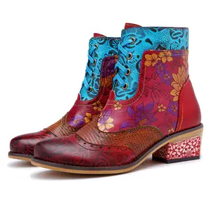 tecido estampado cowboy do vintage Suppliers-Botas femininas vintage, botas femininas de couro, estampadas, étnicas, botas cowboy, para cosplay, sapatos de natal, dia das bruxas