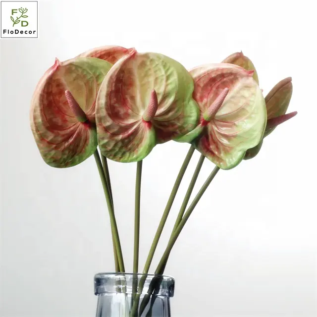 زهور اصطناعية ثلاثية الأبعاد طبيعية ذات لمس حقيقي لنباتات Anthurium الشهيرة والبيع بالجملة، زهور للعام الجديد باللون الأحمر والأخضر والوردي، ديكور للمنازل والفنادق والزواج