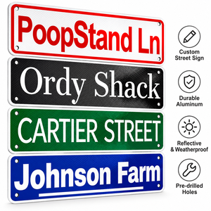 Neuartige, lustige, reflektierende Verkehrsschilder aus Aluminium, UV-bedruckt, PoopStand Ln Ordy Shack Street & Johnson Farm Dekoschilder - Product Image 1