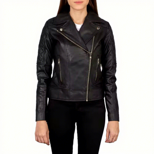 Womens Real Black Leather Biker <b>Jacket</b> Asymmetric Zip Lapel Collar Quilted Sleeve Sheepskin Coat Zip Pockets Slim Outwear New - Product Image 1