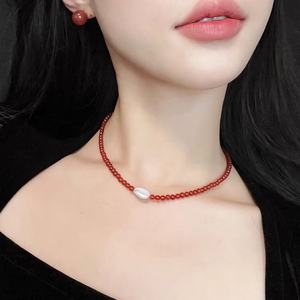 Collar de Perlas Barrocas de Agua Dulce Retro Francés, Cadena con Cuentas de Ágata Roja Alegre, Collar de Moda para Regalo de Amigas - Product Image 2