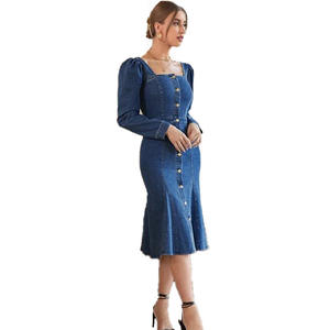 Bleu Denim Manches Bouffantes Femmes Tops <span class=keywords><strong>Robe</strong></span> Femmes Stretch Longues Robes Denim <span class=keywords><strong>Robe</strong></span> Avec Bouton - Product Image 4