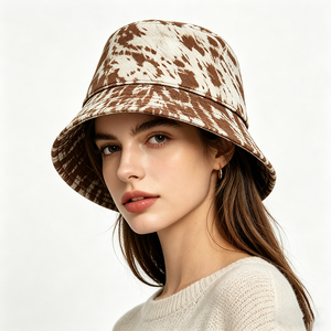 Sombrero de Pescador Unisex con Estampado de Vaca Vintage, de Lona con Tela de Poliéster/Algodón, Ala Ancha para Uso Casual al Aire Libre - Product Image 1