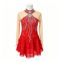 Robe de danse patinage rouge à col montant, manches longues en maille nude, dos découpé orné de strass, pour enfants et adultes, compétition et performance