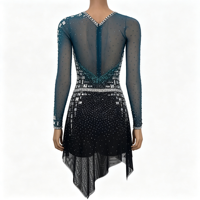 Robe de patinage artistique à manches longues, couleur bleu sarcelle et noir, avec strass, en maille, pour enfants et adultes, pour compétitions sur glace