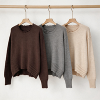 Pull en maille asymétrique pour femme, col rond, bord à volants, couleur café foncé, épaules tombantes, manches longues, mélange de laine