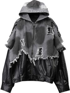 מעיל טלאים מעור ודנים בסגנון רחוב גבוה, עם קפוצ'ון, תפרים מקומטים, סגירת רוכסן, מראה דהוי בשמש, בסגנון פאנק. - Product Image 1