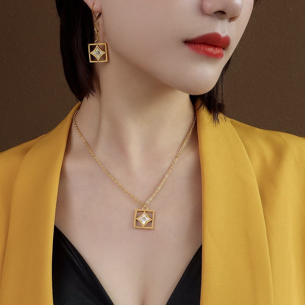 High End New Stainless Steel 18k Gold Retro Square White Conch Zircon  Necklace Earrings Jewelry Set Wholesale Spot