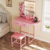 Coiffeuse rose lumineuse avec miroir, table de maquillage à 2 tiroirs, panneau rabattable et prise électrique pour chambre à coucher
