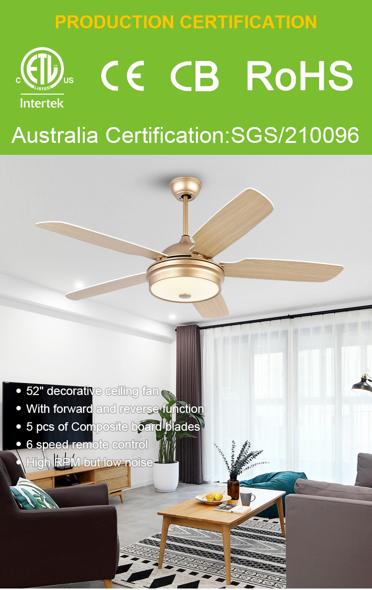 Breeze.Lux 52 inch luxury gold ceiling fan mute M D F leaf blades remote control 220 v ceiling fan light