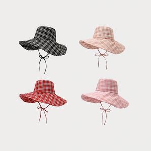 Chapeau de soleil tendance à large bord à carreaux pour femme, pliable, idéal pour le printemps, les voyages en extérieur, l'été, les vacances à la mer, la plage, style décontracté, type pêcheur - Product Image 2