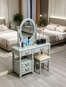 Elegant Turned Leg <b>Solid</b> <b>Wood</b> Vanity Set, 3 Drawer Oval Mirror Makeup <b>Dressing</b> <b>Table</b> With Cushioned Stool For Farmhouse Bedroom - Product Image 6