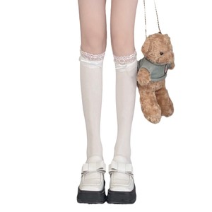 Cute White Lace Trim Knee <b>Socks</b> With Bow For Women Youth Schoolgirl Style Breathable Sweat Absorbing <b>Polyester</b> Fiber - Product Image 5