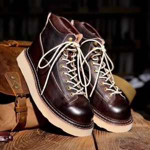 Bottes de travail pour hommes - Bottes courtes à la cheville de style vintage américain, à semelle épaisse, antidérapantes, en cuir véritable, doublées de polaire, chaudes - Product Image 4
