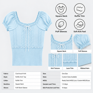 Großhandel OEM ODM Damen Koreanischer Spitzenbesatz Quadratischer Ausschnitt Pullover Süße Rüschen Lochstickerei Alltagstaugliches Vielseitiges Kurzarm-Oberteil - Product Image 4