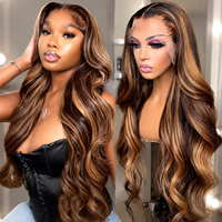 Perruque naturelle noire avec mèches blondes, mélange de couleurs, ondulée, bouclée, pré-épilée, avec dentelle transparente HD, en cheveux humains vierges bruts