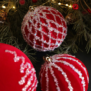 New <b>Red</b> Flocked <b>Sequin</b> Plastic Christmas Ball Ornament Sticky Powder for Christmas Tree Window Mall Decoration Arrangement - Product Image 4