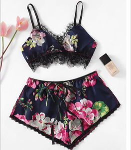 Vendita calda <span class=keywords><strong>senza</strong></span> fili Sexy in raso floreale reggiseno da donna e intimo Set di biancheria da notte setosa - Product Image 6