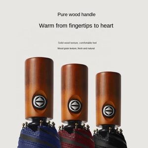 Parapluie Automatique 10K à Manche en Bois pour Hommes, Pliant en 3, Revêtement Noir, Protection Solaire et Pluie, Idéal Voyage d'Affaires, Vente en Gros, Cadeau - Product Image 4