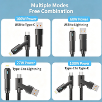DM Cetakan Pribadi 2 Dalam 1 180 °   Kabel Pengisian Cepat USB A Tipe C iOS PD yang Dapat Diputar, Kabel Data LED Berbahan Nilon Kepang, Logo dan Warna Dapat Disesuaikan