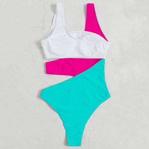 Scollo rotondo a gamba alta taglio Patchwork tinta unita multicolore <span class=keywords><strong>Sexy</strong></span> costume da bagno donna costume intero costumi da bagno costumi da bagno 2025 - Product Image 4