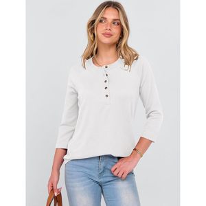Chemise Henley en tricot gaufré à manches trois quarts pour femmes, haut décontracté boutonné, t-shirt basique, vêtements pour le printemps et l'été - Product Image 3