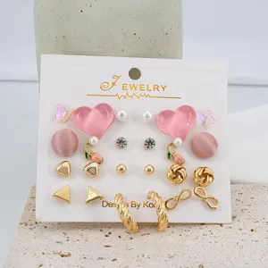 MSI-07 Earrings Women Jewelry Kit Pearl Alloy Knot Butterfly Heart Number 8 Heart Tulips Flower Crystal 12 Pairs Earring Set