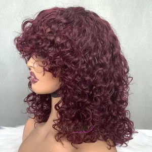 Il miglior buon mercato Peruque Humain capelli originali Sdd vino rosso Bob parrucca con Bang,12 "lusso ricciolo crudo capelli indiani Fournisseur