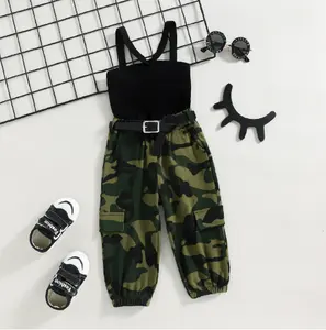 Summer Baby Fashion Suit Girls Sleeveless Camouflage Girls clothing Letter Vest Tops Camo Trousers Popular kids Summer Clothing