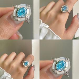 Bague Wenchi S925 en argent sterling, aquamarine, style médiéval vintage, incrustation de coquille blanche œuf de pigeon, design rivière du Rhin, ovale - Product Image 3