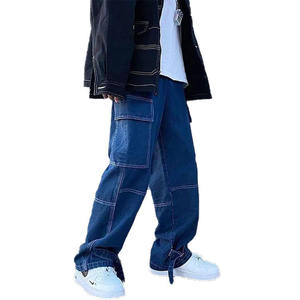 Pantalones vaqueros holgados rectos al por mayor para hombre, jeans personalizados de moda casual para hombre, pantalones de mezclilla de cintura media, jeans cargo de color sólido con costuras. - Product Image 1