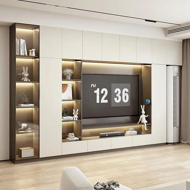 Fashion Modern Light Luxury Solid Wood TV Stand Full Wall Storage Wall Mounted Unit for Living Room Bedroom or Hotel