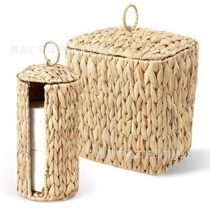 <b>Woven</b> Storage <b>Baskets</b> Rectangle Handmade Bathroom Tissue Holder <b>With</b> <b>Lid</b> Standing Type - Product Image 5