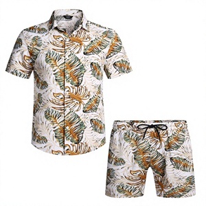 <b>mens</b> <b>white</b> green tropical monstera leaf print <b>short</b> <b>sleeve</b> lapel button up <b>shirt</b> matching <b>shorts</b> 2 piece set casual hawaiian out - Product Image 1