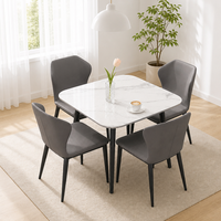 Table à manger carrée minimaliste italienne réglable en pierre frittée, plateau texturé blanc, pieds en métal noir pour usage domestique