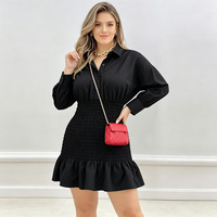 Robe chemise noire à taille smockée, ourlet à volants, manches longues, robe mini décontractée pour femmes
