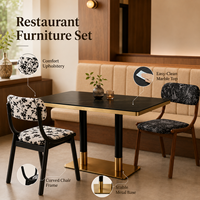 Ensemble table et chaises de restaurant en pierre noire avec chaises en tissu imprimé floral, en vente pour café, traiteur et maison d'hôtes