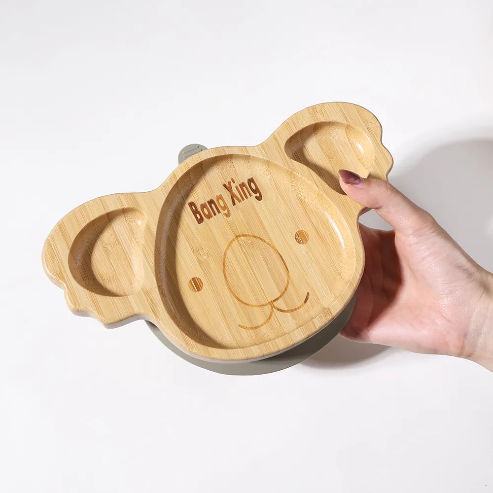 2024 Logo personnalisé sans Bpa chat Lion hibou grenouille Panda bébé alimentation vaisselle vaisselle bébé assiettes en bois bébé assiette à ventouse bambou