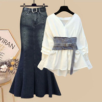 Joydressing Vente en gros Ensemble 2 pièces pour femmes, haut blanc à col en V et jupe longue en jean sirène taille haute, prix d'usine