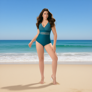 Costume da bagno intero HDJ Plus Size con controllo della pancia, vita alta, scollo a V profondo, verde acqua BZ77066 - Product Image 2