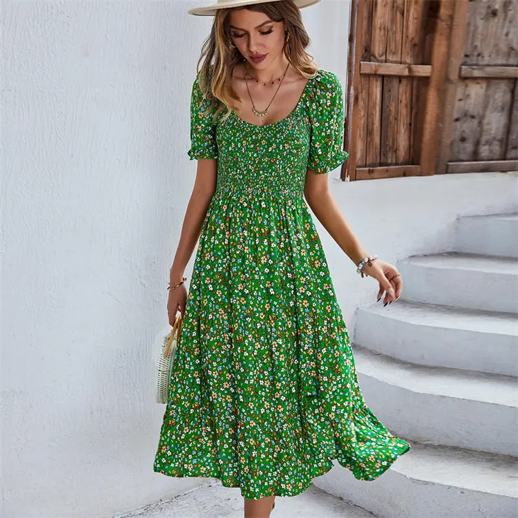 Fashion Boho Style Designs Print Beachwear Midi Dress Round Neck Swing Elegant Bohemian Dresses Summer Women's