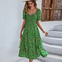 De moda de estilo Boho estilo de diseños de impresión de playa Midi vestido cuello redondo Swing elegante Bohemia vestidos de verano de las mujeres