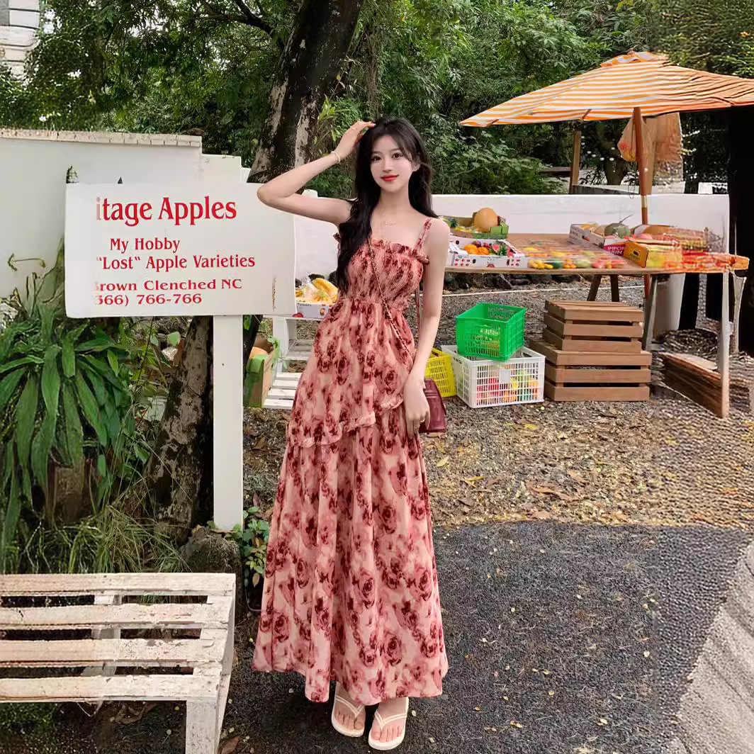 polyester dress static 2025 Summer New French Style Long Anti-Static Polyester Dress Japanese  Style Elegant Waist-Cinching Vintage Rose Floral Strap| Alibaba.com