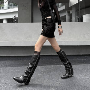 New Style European American Wind High Drum Fashion Knee-High Genuine Leather Square <b>Heel</b> Slip-On <b>Pointed</b> Female Boots - Product Image 2