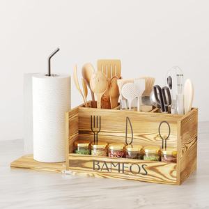 Comptoir de cuisine double en bois sculpté écologique, style moderne, type sur pied, avec 2 porte-ustensiles - Product Image 6